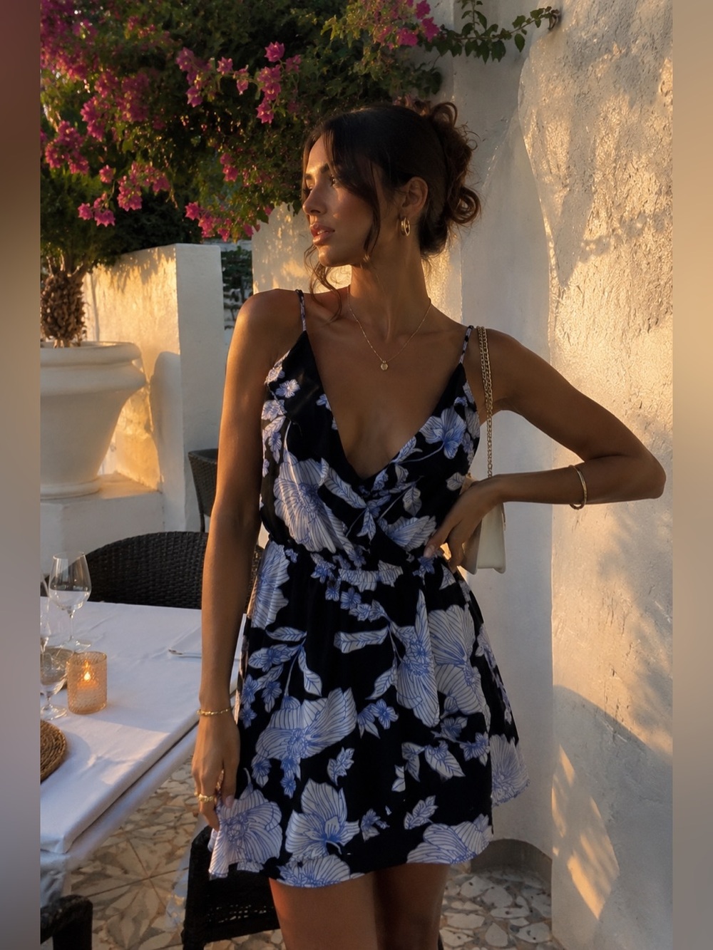 Express Floral Ruffle Mini Dress Black Blue White Surplice Flowy Sundress Medium